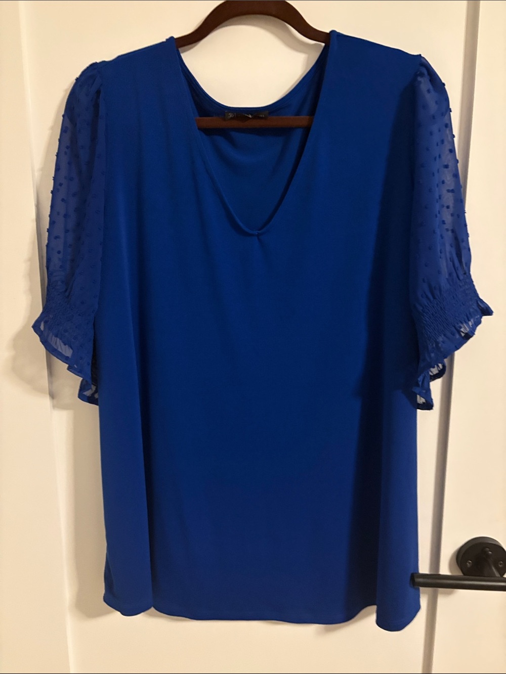 Adrianna Papell Royal Blue V-Neck Dot-Textured Flutter Short Sleeve Blouse. 2X